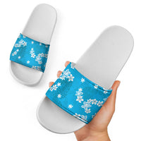 Hawaii Monstera Deliciosa Slide Sandals Blue Plumeria Polynesian Pattern - Polynesian Pride
