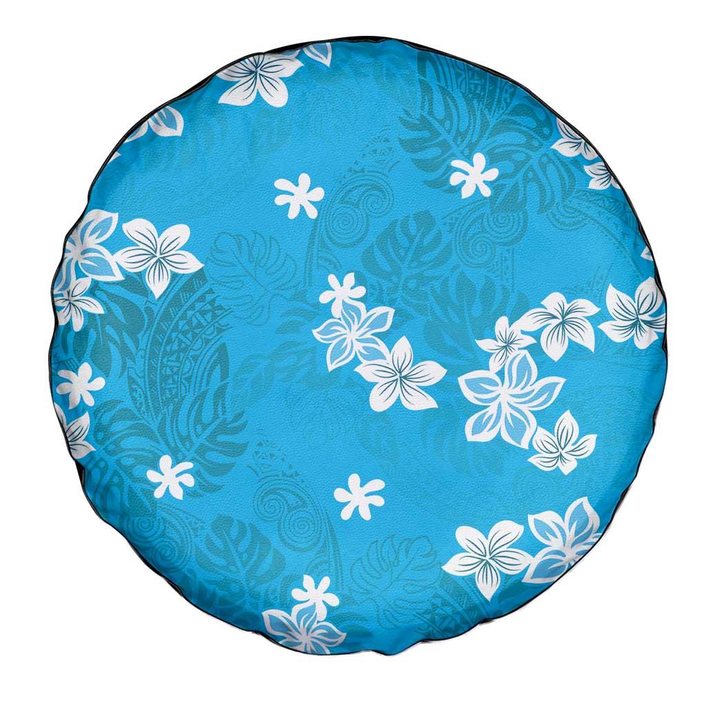 Hawaii Monstera Deliciosa Spare Tire Cover Blue Plumeria Polynesian Pattern - Polynesian Pride