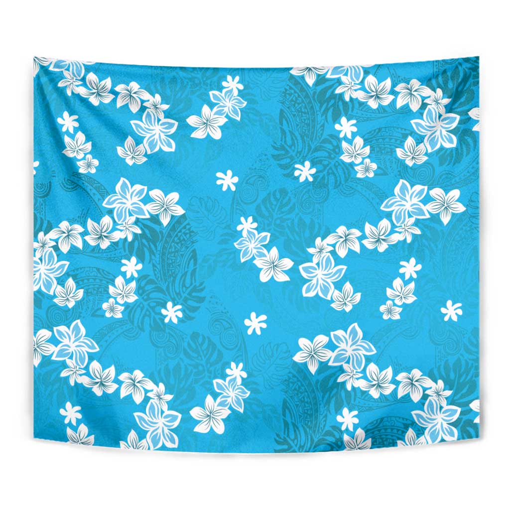 Hawaii Monstera Deliciosa Tapestry Blue Plumeria Polynesian Pattern - Polynesian Pride
