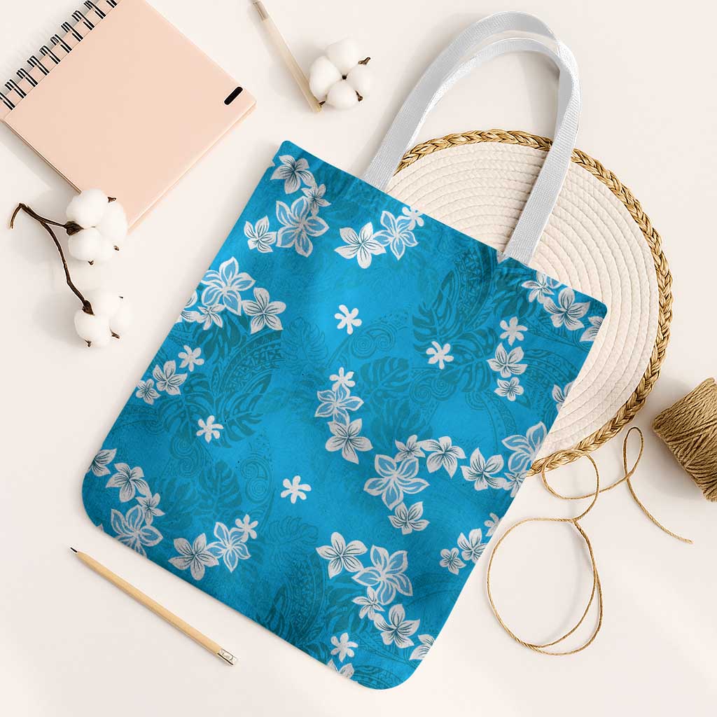 Hawaii Monstera Deliciosa Tote Bag Blue Plumeria Polynesian Pattern - Polynesian Pride