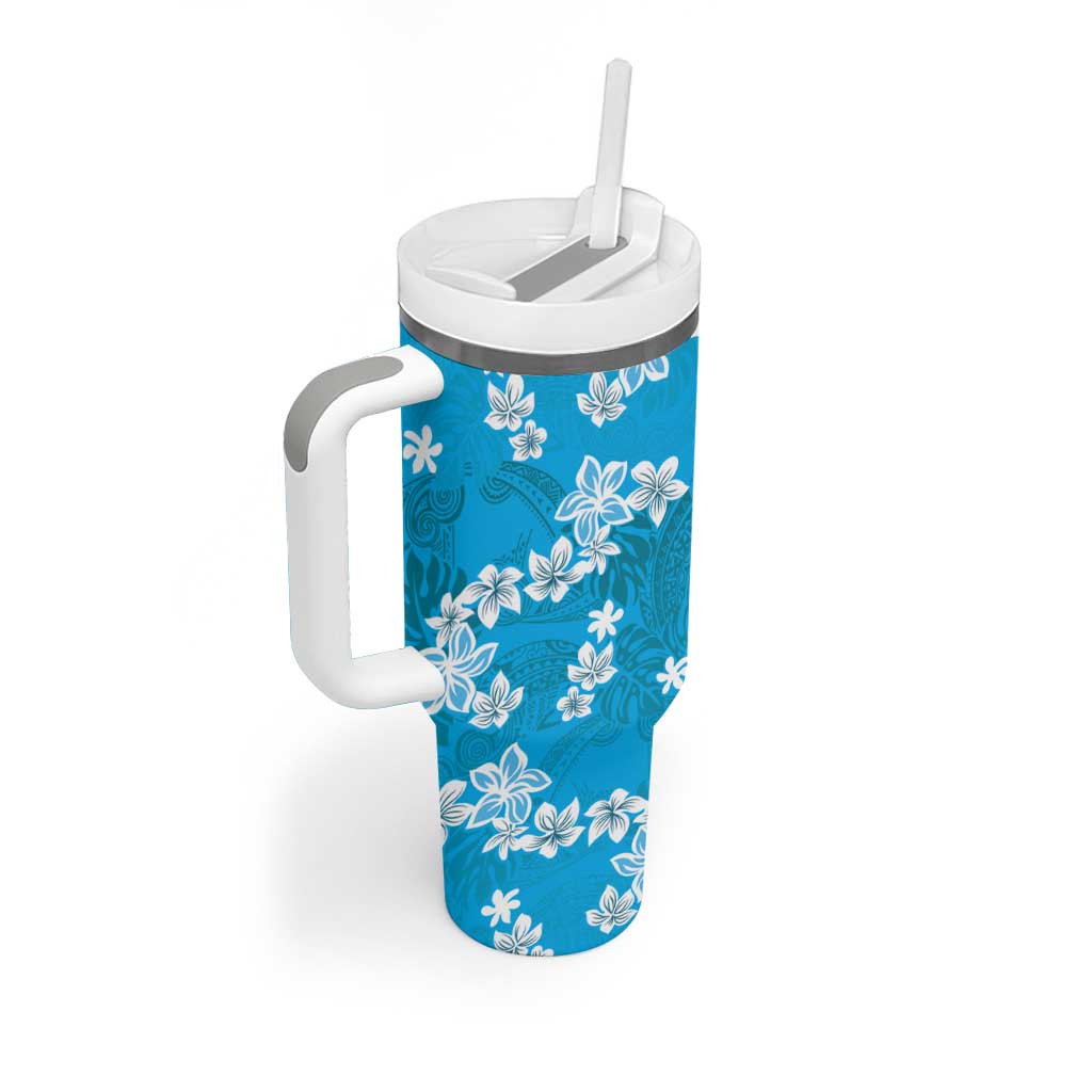 Hawaii Monstera Deliciosa Tumbler With Handle Blue Plumeria Polynesian Pattern - Polynesian Pride