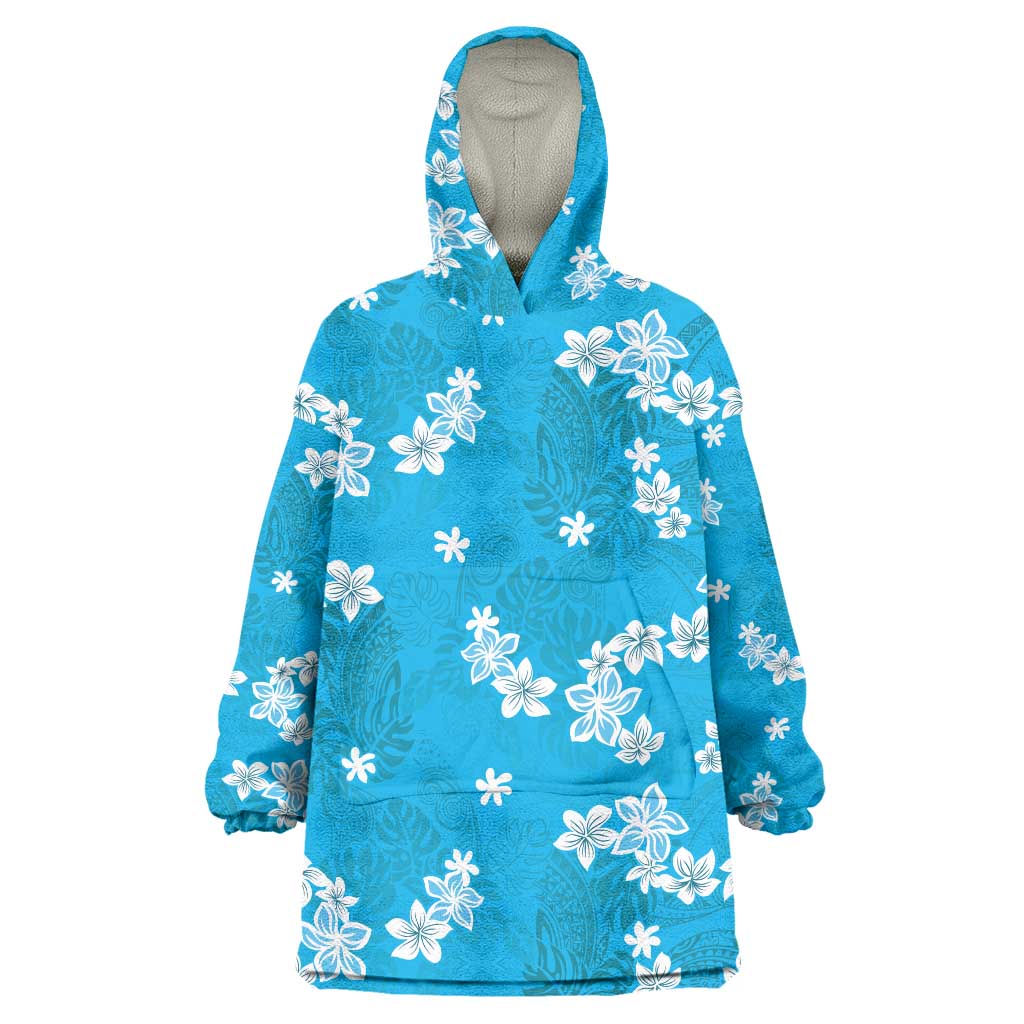 Hawaii Monstera Deliciosa Wearable Blanket Hoodie Blue Plumeria Polynesian Pattern - Polynesian Pride