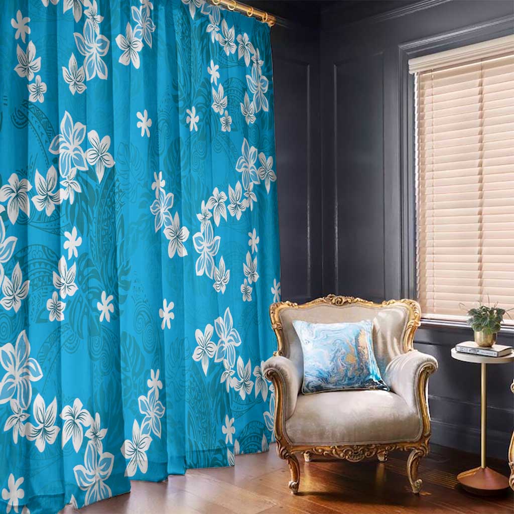 Hawaii Monstera Deliciosa Window Curtain Blue Plumeria Polynesian Pattern - Polynesian Pride