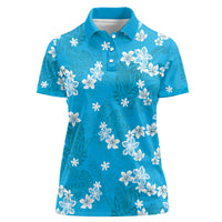 Hawaii Monstera Deliciosa Women Polo Shirt Blue Plumeria Polynesian Pattern - Polynesian Pride