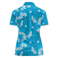 Hawaii Monstera Deliciosa Women Polo Shirt Blue Plumeria Polynesian Pattern - Polynesian Pride