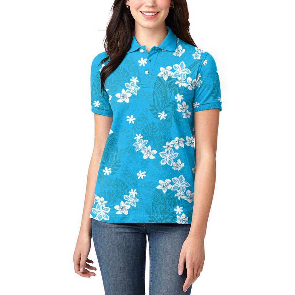 Hawaii Monstera Deliciosa Women Polo Shirt Blue Plumeria Polynesian Pattern - Polynesian Pride