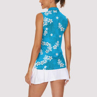 Hawaii Monstera Deliciosa Women Sleeveless Polo Shirt Blue Plumeria Polynesian Pattern - Polynesian Pride