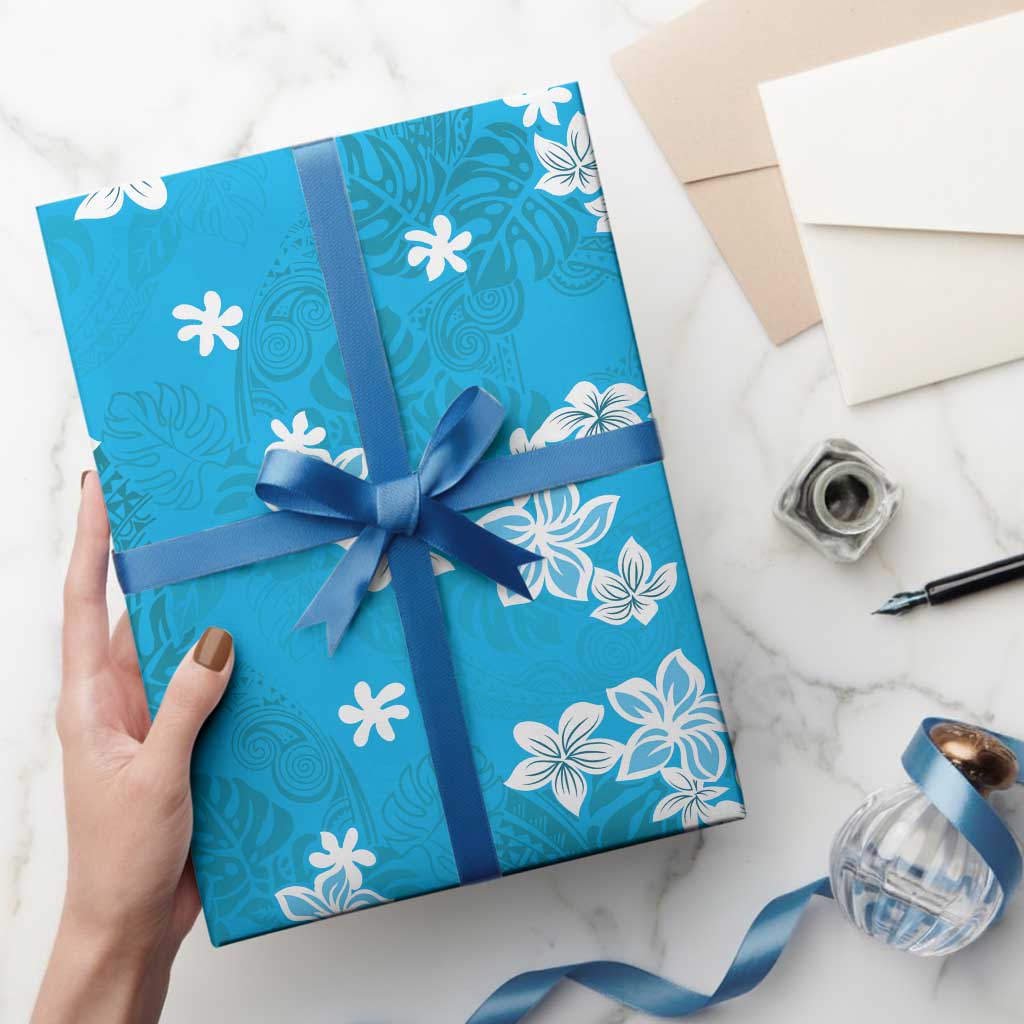 Hawaii Monstera Deliciosa Wrapping Paper Blue Plumeria Polynesian Pattern - Polynesian Pride