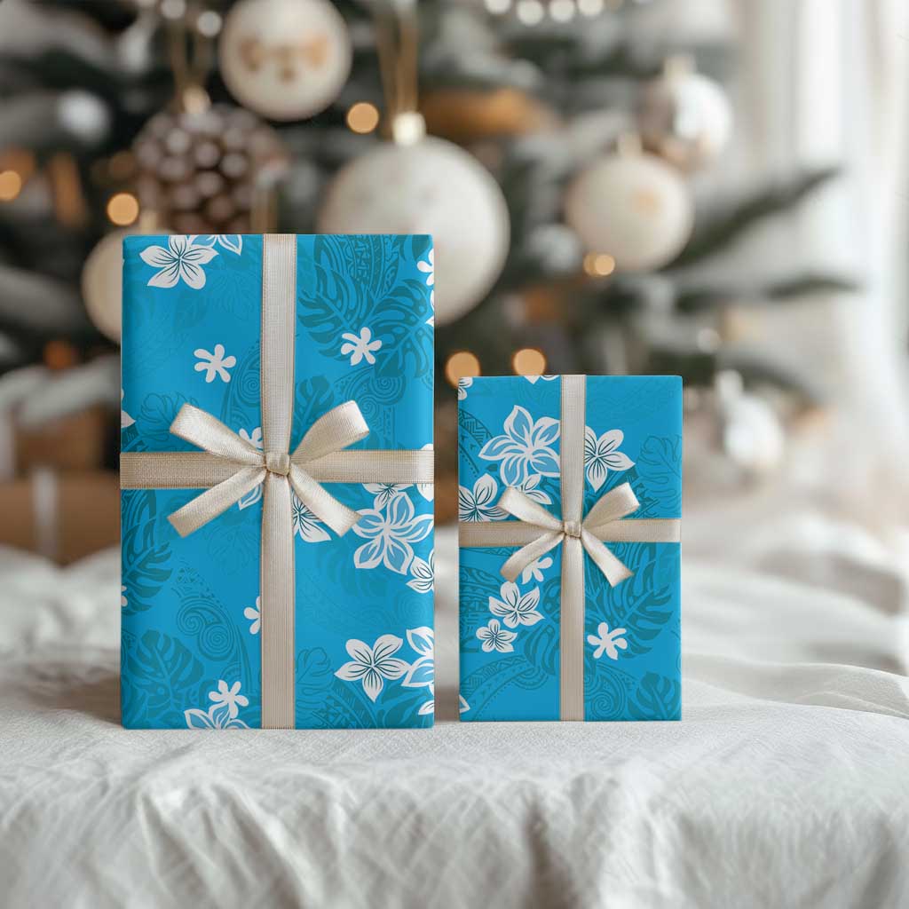 Hawaii Monstera Deliciosa Wrapping Paper Blue Plumeria Polynesian Pattern - Polynesian Pride