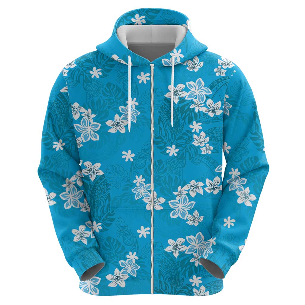 Hawaii Monstera Deliciosa Zip Hoodie Blue Plumeria Polynesian Pattern - Polynesian Pride