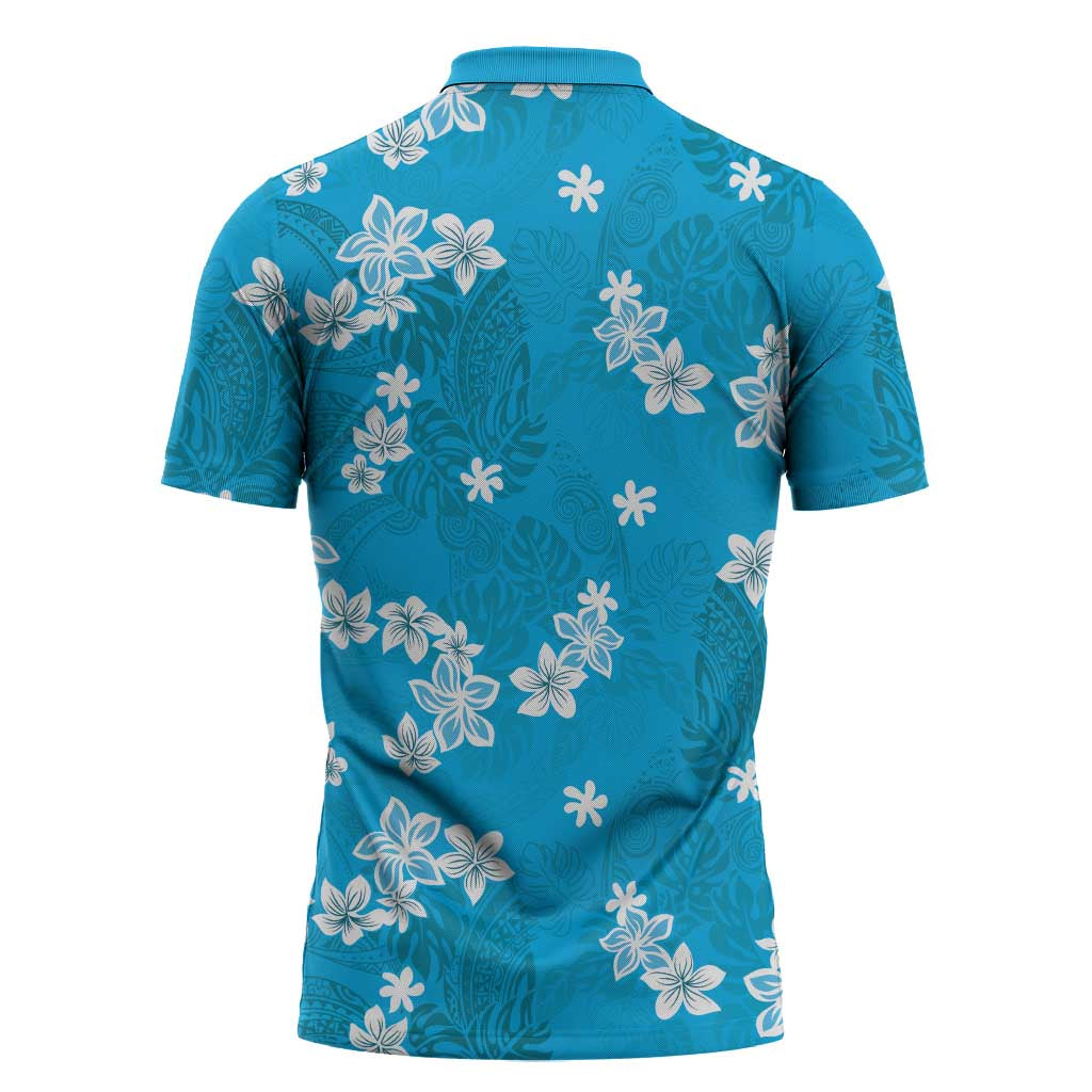 Hawaii Monstera Deliciosa Zipper Polo Shirt Blue Plumeria Polynesian Pattern - Polynesian Pride
