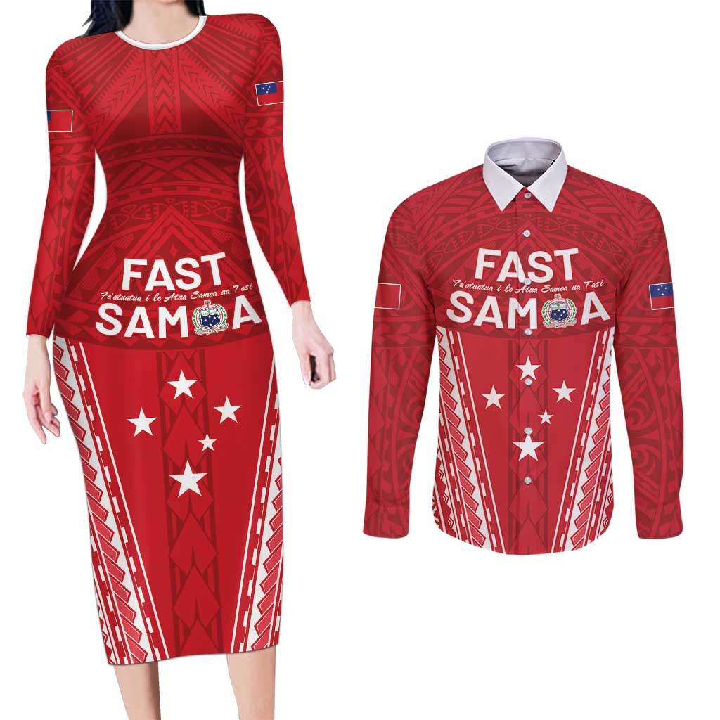 Samoa FAST Couples Matching Long Sleeve Bodycon Dress and Long Sleeve Button Shirt Forever Proud Samoan Tribal Pattern - Polynesian Pride