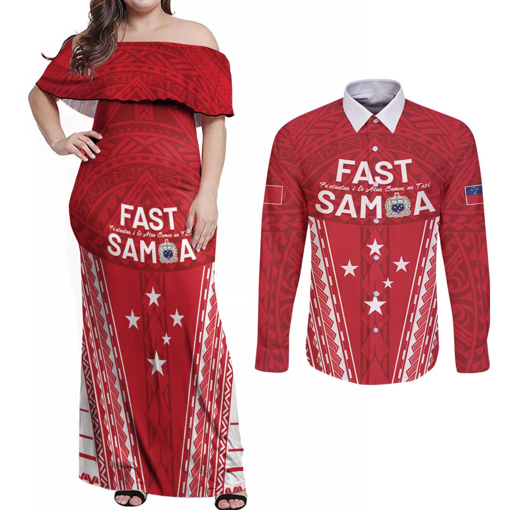 Samoa FAST Couples Matching Off Shoulder Maxi Dress and Long Sleeve Button Shirt Forever Proud Samoan Tribal Pattern - Polynesian Pride