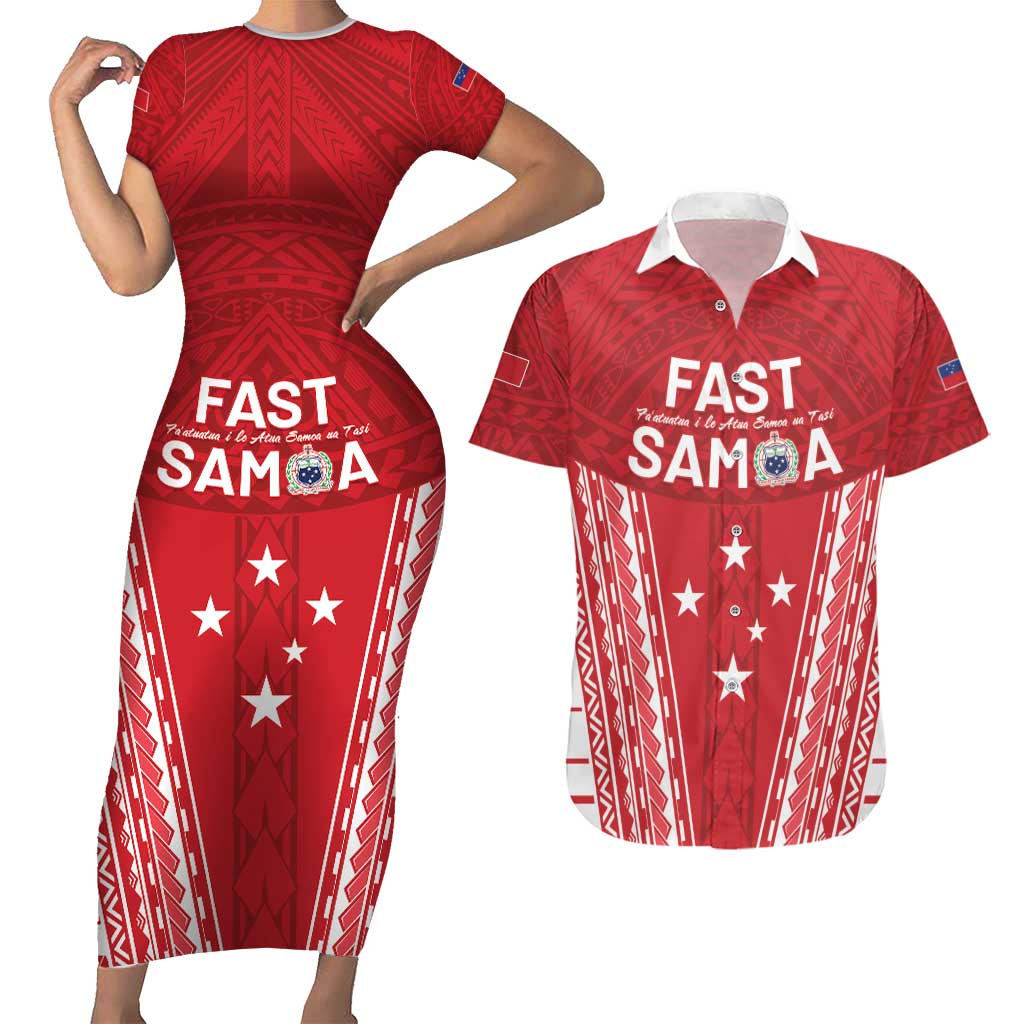 Samoa FAST Couples Matching Short Sleeve Bodycon Dress and Hawaiian Shirt Forever Proud Samoan Tribal Pattern - Polynesian Pride