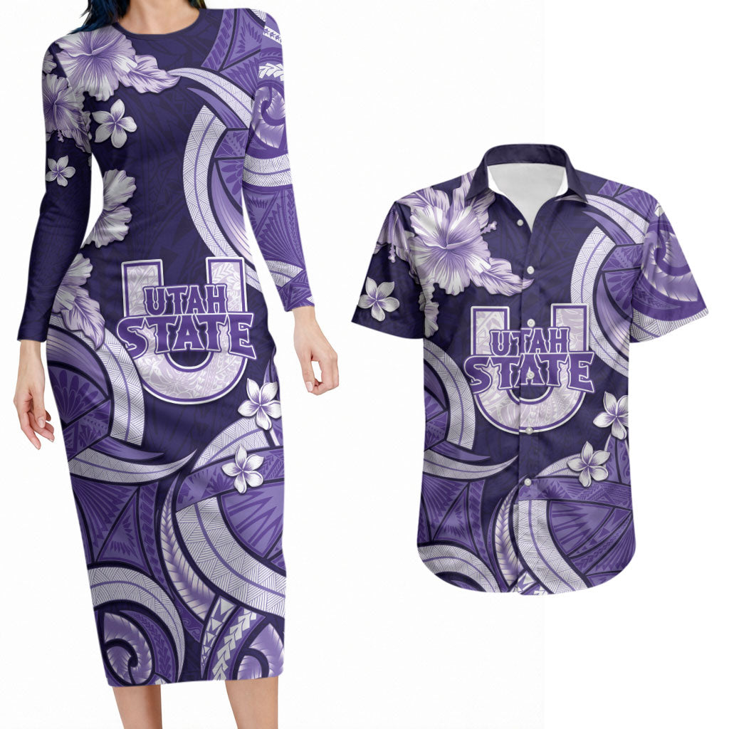 Utah State Polynesian Heritage Couples Matching Long Sleeve Bodycon Dress and Hawaiian Shirt Floral Tribal Pattern Tropical Flowers LT05 Purple - Polynesian Pride