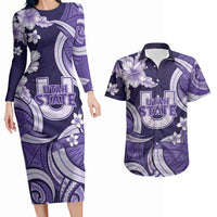 Utah State Polynesian Heritage Couples Matching Long Sleeve Bodycon Dress and Hawaiian Shirt Floral Tribal Pattern Tropical Flowers LT05 Purple - Polynesian Pride