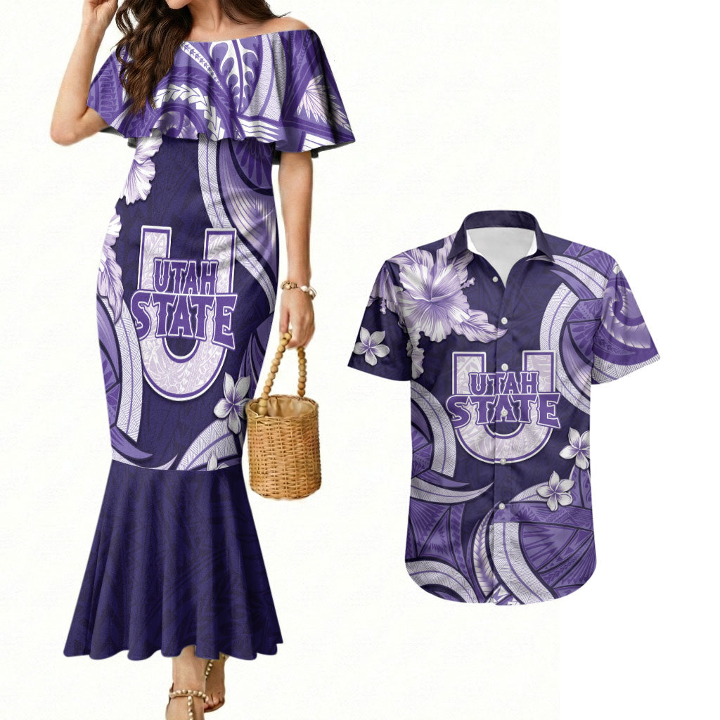 Utah State Polynesian Heritage Couples Matching Mermaid Dress and Hawaiian Shirt Floral Tribal Pattern Tropical Flowers LT05 Purple - Polynesian Pride