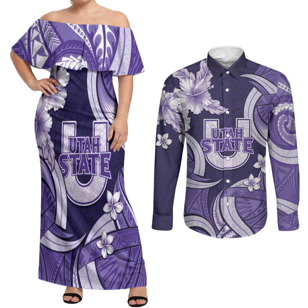 Utah State Polynesian Heritage Couples Matching Off Shoulder Maxi Dress and Long Sleeve Button Shirt Floral Tribal Pattern Tropical Flowers