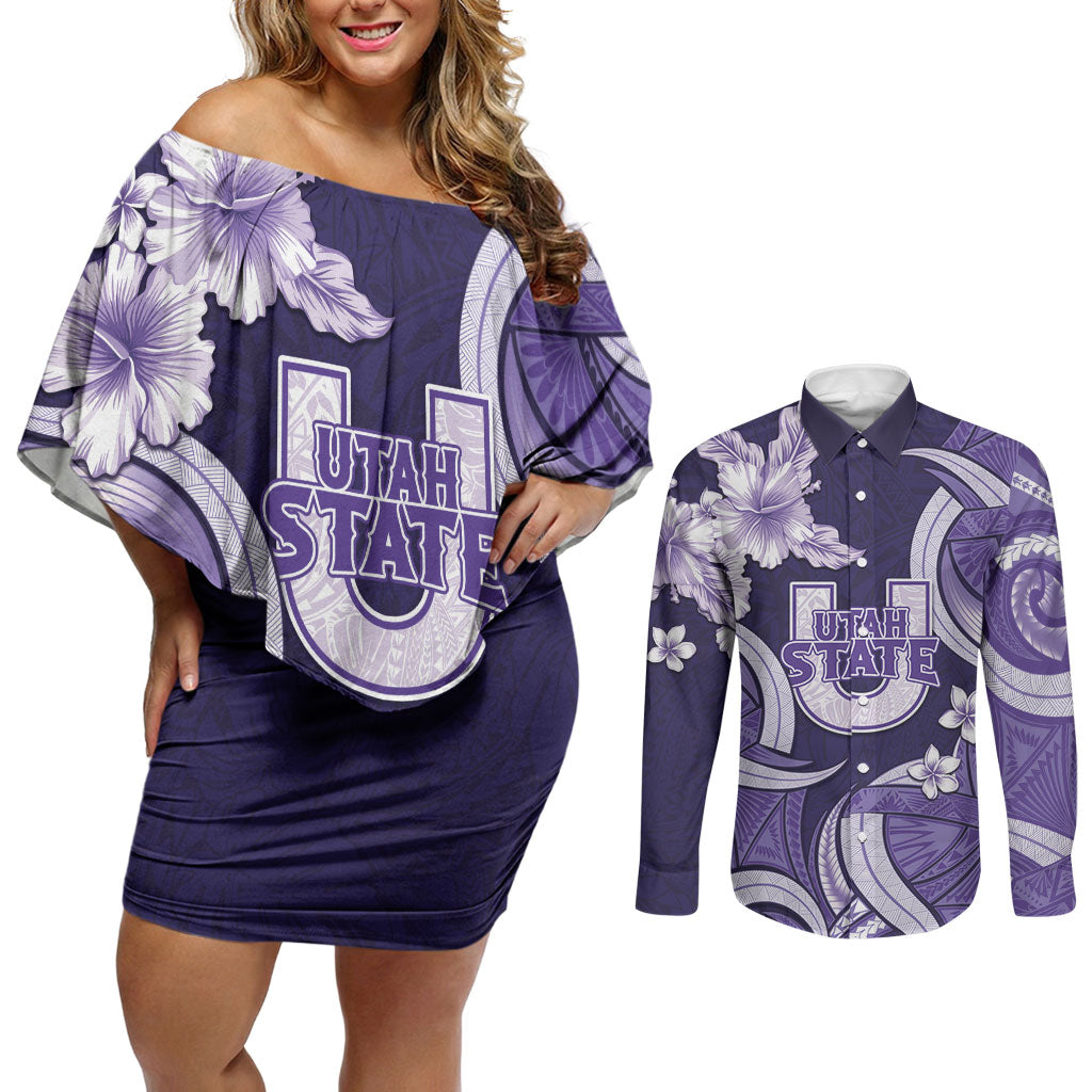 Utah State Polynesian Heritage Couples Matching Off Shoulder Short Dress and Long Sleeve Button Shirt Floral Tribal Pattern Tropical Flowers LT05 Purple - Polynesian Pride