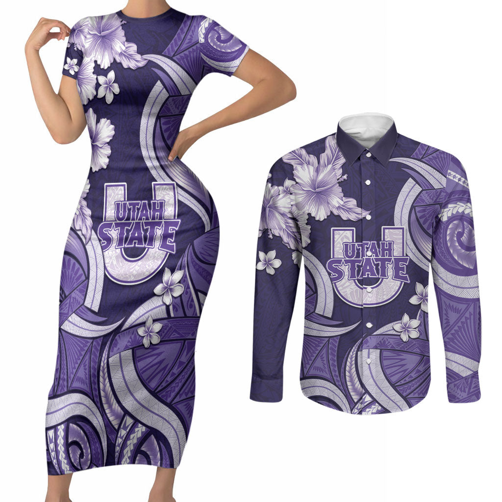 Utah State Polynesian Heritage Couples Matching Short Sleeve Bodycon Dress and Long Sleeve Button Shirt Floral Tribal Pattern Tropical Flowers LT05 Purple - Polynesian Pride