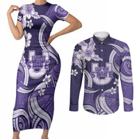 Utah State Polynesian Heritage Couples Matching Short Sleeve Bodycon Dress and Long Sleeve Button Shirt Floral Tribal Pattern Tropical Flowers LT05 Purple - Polynesian Pride