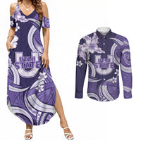 Utah State Polynesian Heritage Couples Matching Summer Maxi Dress and Long Sleeve Button Shirt Floral Tribal Pattern Tropical Flowers LT05 Purple - Polynesian Pride