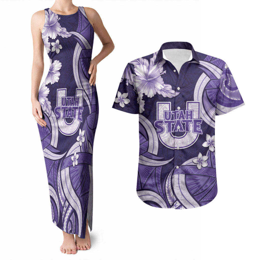 Utah State Polynesian Heritage Couples Matching Tank Maxi Dress and Hawaiian Shirt Floral Tribal Pattern Tropical Flowers LT05 Purple - Polynesian Pride