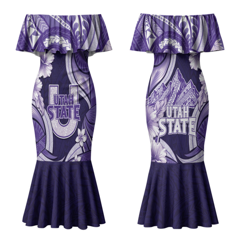 Utah State Polynesian Heritage Family Matching Mermaid Dress and Hawaiian Shirt Floral Tribal Pattern Tropical Flowers LT05 Mom's Dress Purple - Polynesian Pride