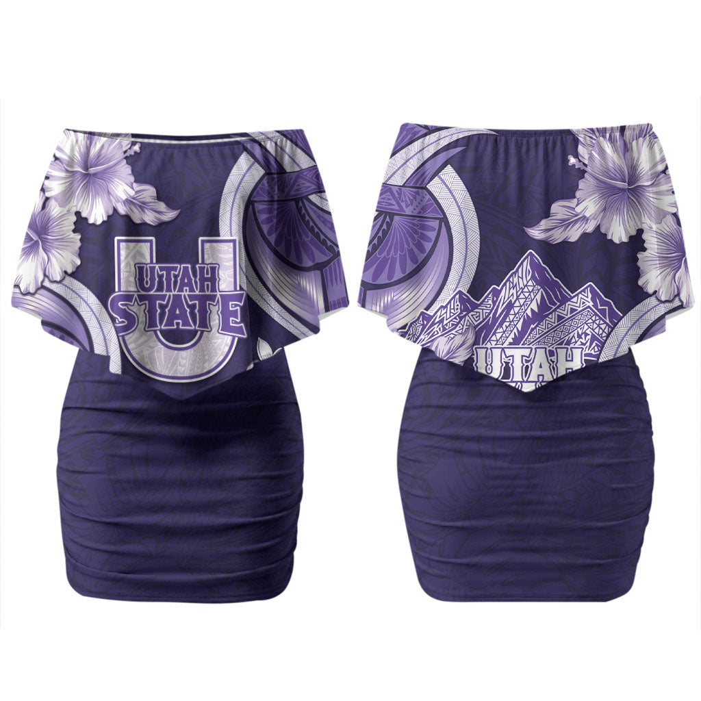 Utah State Polynesian Heritage Family Matching Off Shoulder Short Dress and Hawaiian Shirt Floral Tribal Pattern Tropical Flowers LT05 Mom's Dress Purple - Polynesian Pride
