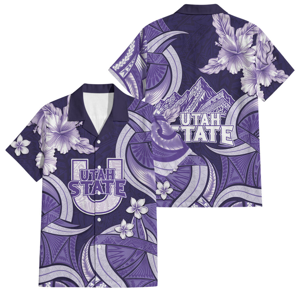 Utah State Polynesian Heritage Family Matching Off Shoulder Short Dress and Hawaiian Shirt Floral Tribal Pattern Tropical Flowers LT05 Dad's Shirt - Short Sleeve Purple - Polynesian Pride