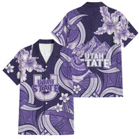 Utah State Polynesian Heritage Family Matching Off Shoulder Short Dress and Hawaiian Shirt Floral Tribal Pattern Tropical Flowers LT05 Dad's Shirt - Short Sleeve Purple - Polynesian Pride