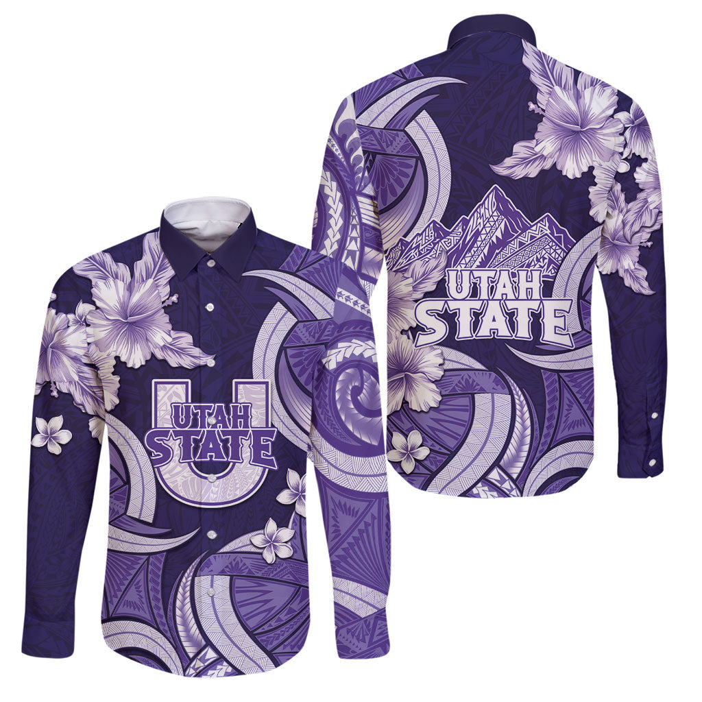 Utah State Polynesian Heritage Family Matching Off Shoulder Short Dress and Hawaiian Shirt Floral Tribal Pattern Tropical Flowers LT05 Dad's Shirt - Long Sleeve Purple - Polynesian Pride
