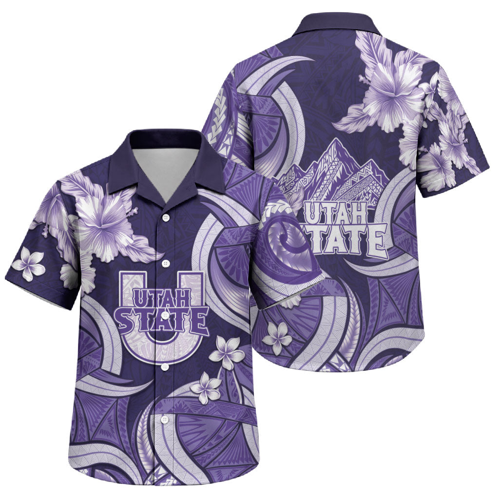 Utah State Polynesian Heritage Family Matching Off Shoulder Short Dress and Hawaiian Shirt Floral Tribal Pattern Tropical Flowers LT05 Son's Shirt Purple - Polynesian Pride