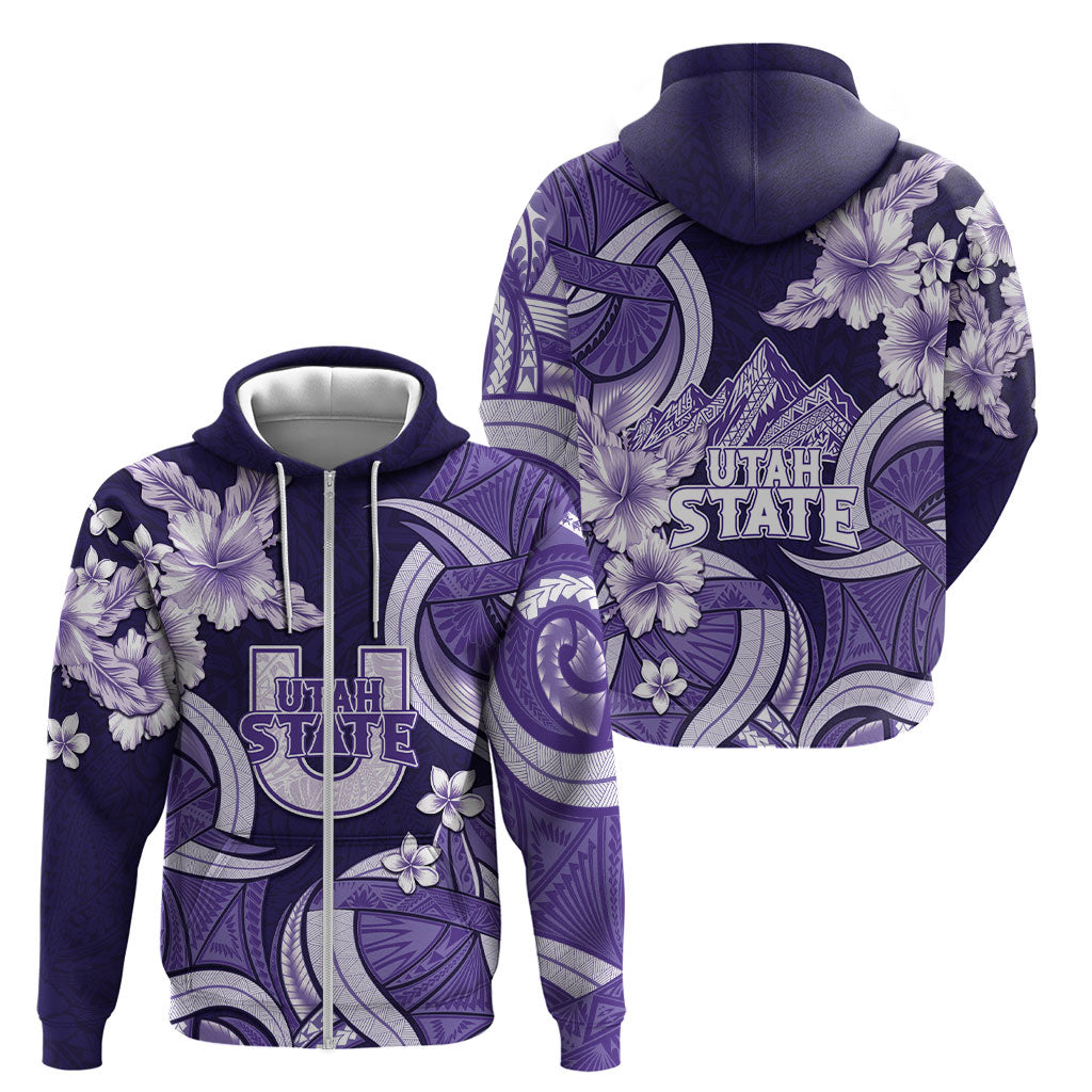 Utah State Polynesian Heritage Zip Hoodie Floral Tribal Pattern Tropical Flowers