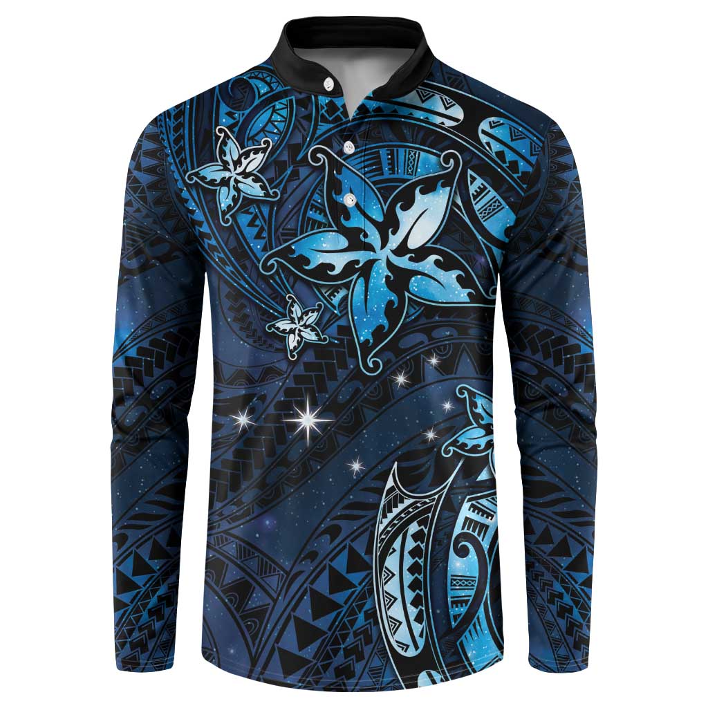 Hawaii Makahiki Season Button Sweatshirt Floral Tribal Tattoo Blue Galaxy LT05 Blue - Polynesian Pride