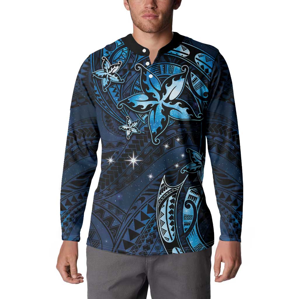 Hawaii Makahiki Season Button Sweatshirt Floral Tribal Tattoo Blue Galaxy LT05 - Polynesian Pride