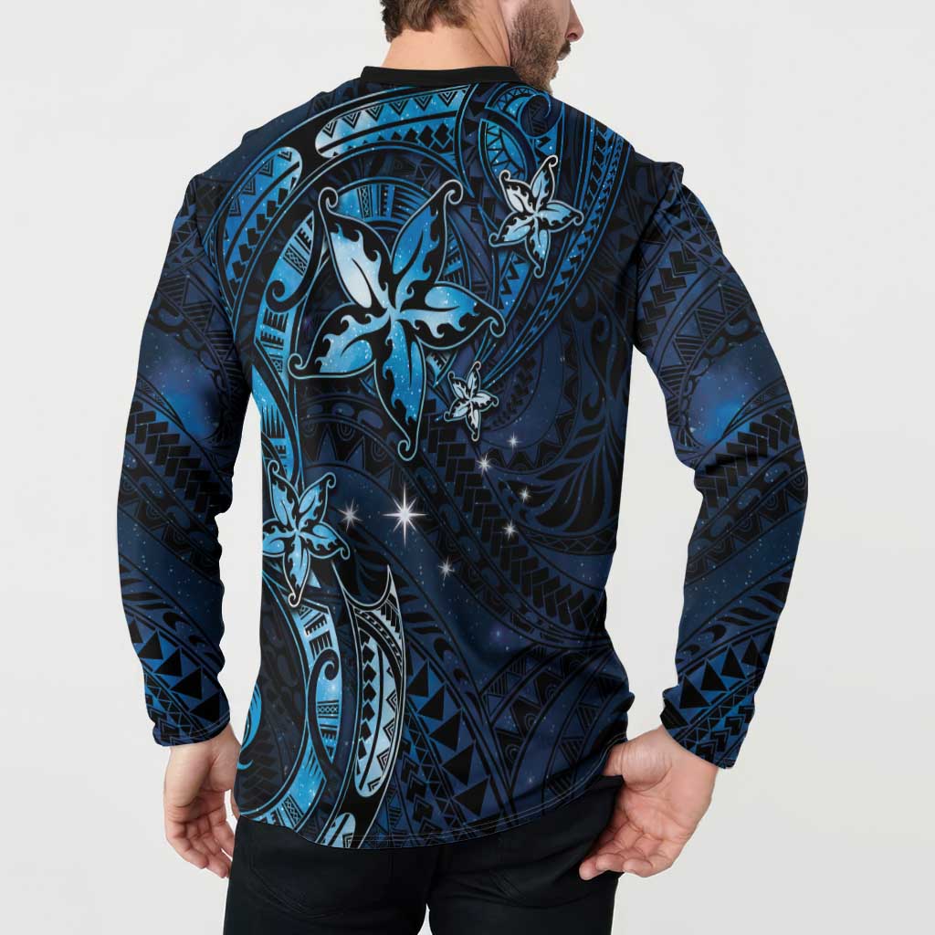 Hawaii Makahiki Season Button Sweatshirt Floral Tribal Tattoo Blue Galaxy LT05 - Polynesian Pride
