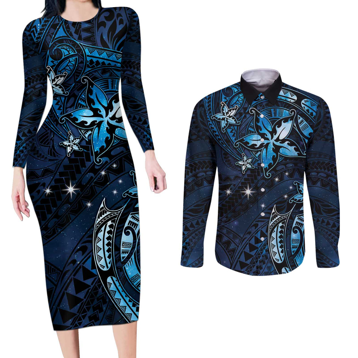 Hawaii Makahiki Season Couples Matching Long Sleeve Bodycon Dress and Long Sleeve Button Shirt Floral Tribal Tattoo Blue Galaxy