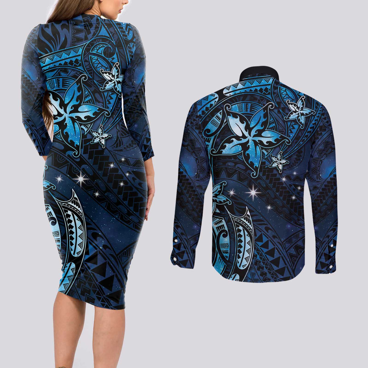 Hawaii Makahiki Season Couples Matching Long Sleeve Bodycon Dress and Long Sleeve Button Shirt Floral Tribal Tattoo Blue Galaxy