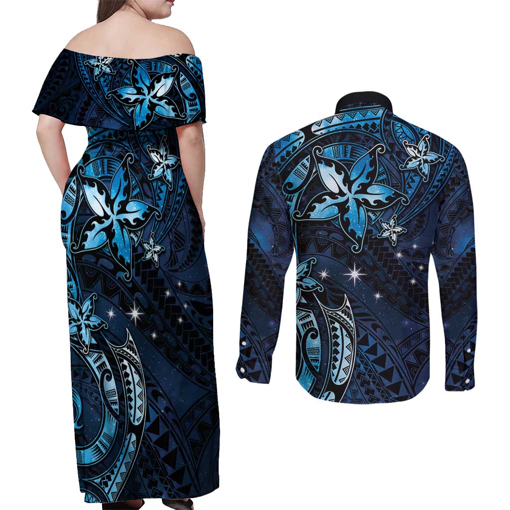 Hawaii Makahiki Season Couples Matching Off Shoulder Maxi Dress and Long Sleeve Button Shirt Floral Tribal Tattoo Blue Galaxy