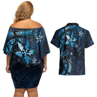 Hawaii Makahiki Season Couples Matching Off Shoulder Short Dress and Hawaiian Shirt Floral Tribal Tattoo Blue Galaxy