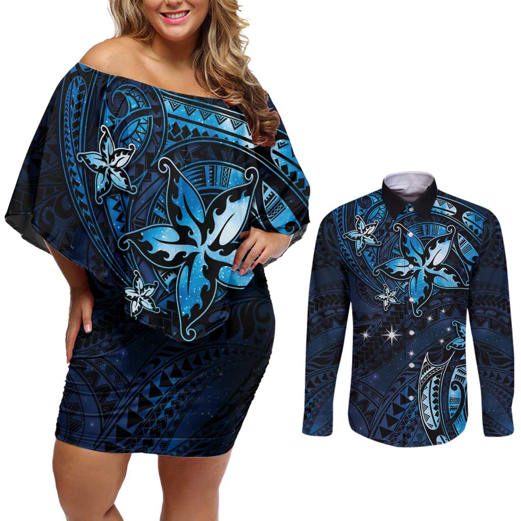Hawaii Makahiki Season Couples Matching Off Shoulder Short Dress and Long Sleeve Button Shirt Floral Tribal Tattoo Blue Galaxy