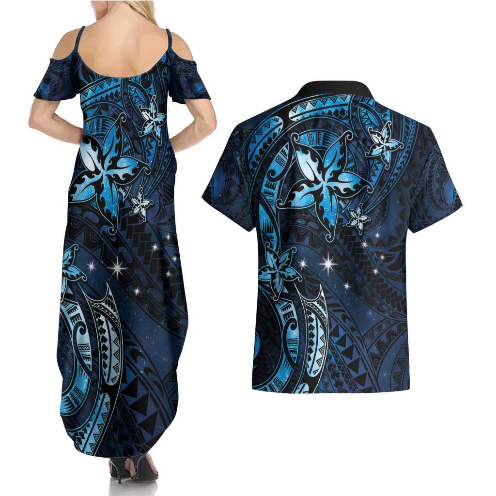 Hawaii Makahiki Season Couples Matching Summer Maxi Dress and Hawaiian Shirt Floral Tribal Tattoo Blue Galaxy