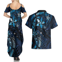 Hawaii Makahiki Season Couples Matching Summer Maxi Dress and Hawaiian Shirt Floral Tribal Tattoo Blue Galaxy