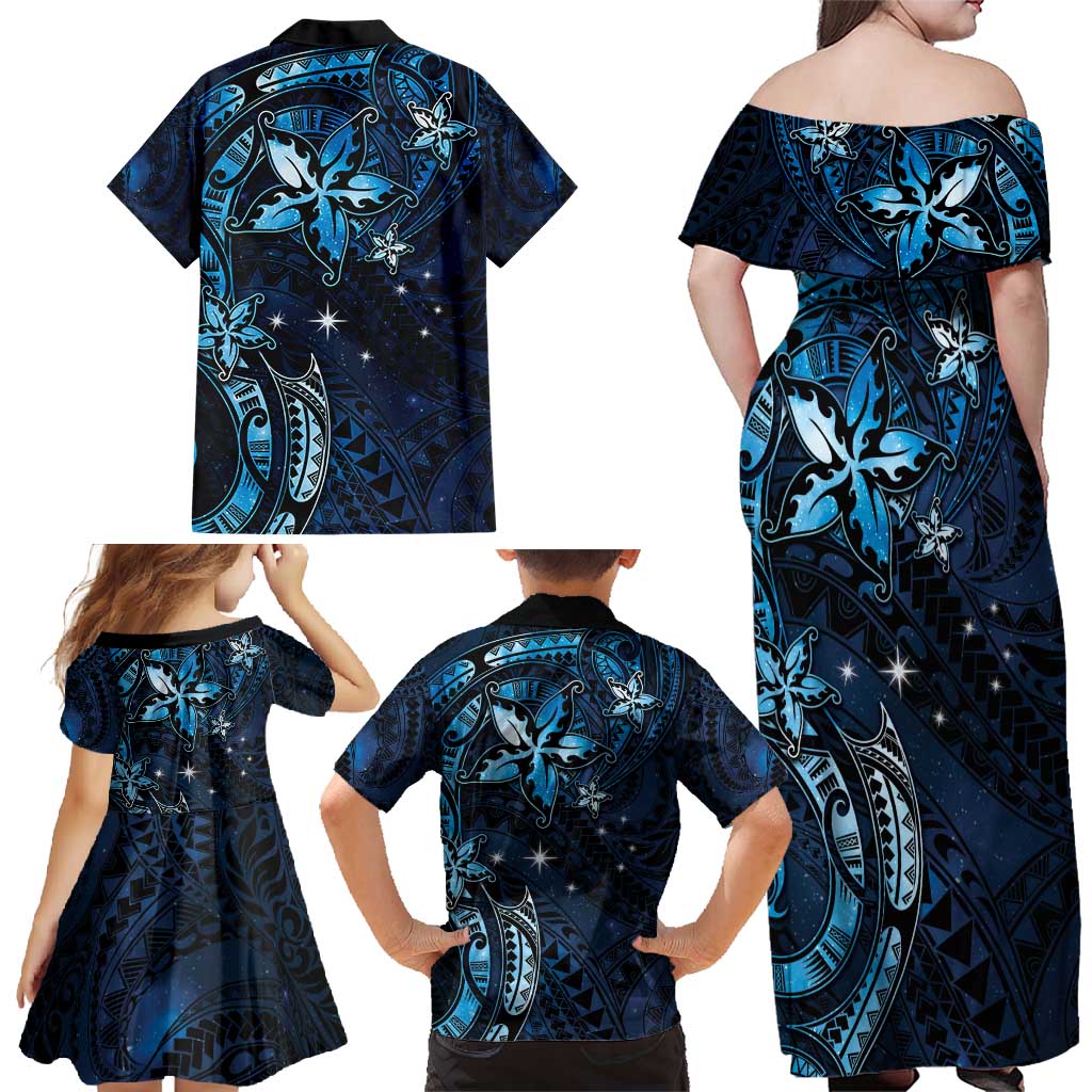Hawaii Makahiki Season Family Matching Off Shoulder Maxi Dress and Hawaiian Shirt Floral Tribal Tattoo Blue Galaxy