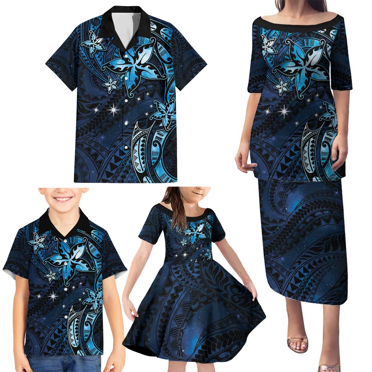 Hawaii Makahiki Season Family Matching Puletasi and Hawaiian Shirt Floral Tribal Tattoo Blue Galaxy