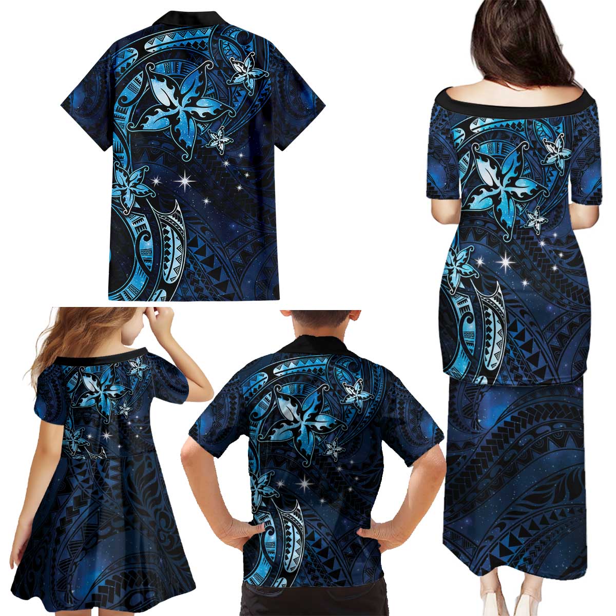 Hawaii Makahiki Season Family Matching Puletasi and Hawaiian Shirt Floral Tribal Tattoo Blue Galaxy
