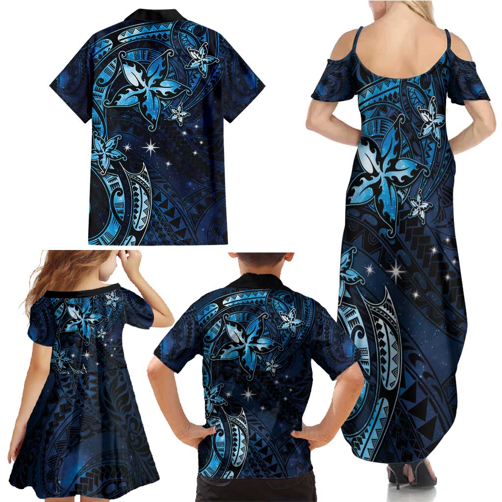 Hawaii Makahiki Season Family Matching Summer Maxi Dress and Hawaiian Shirt Floral Tribal Tattoo Blue Galaxy