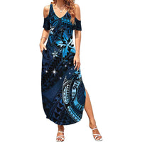 Hawaii Makahiki Season Family Matching Summer Maxi Dress and Hawaiian Shirt Floral Tribal Tattoo Blue Galaxy