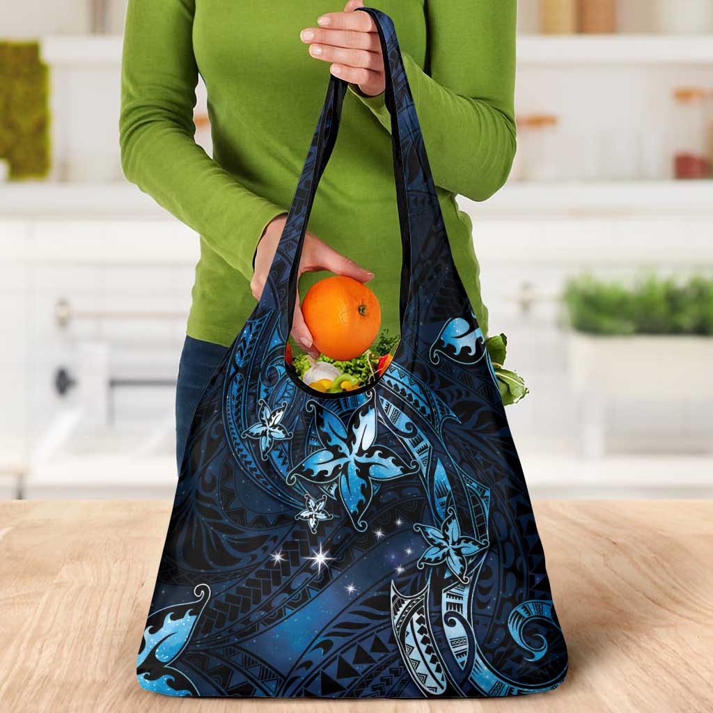 Hawaii Makahiki Season Grocery Bag Floral Tribal Tattoo Blue Galaxy
